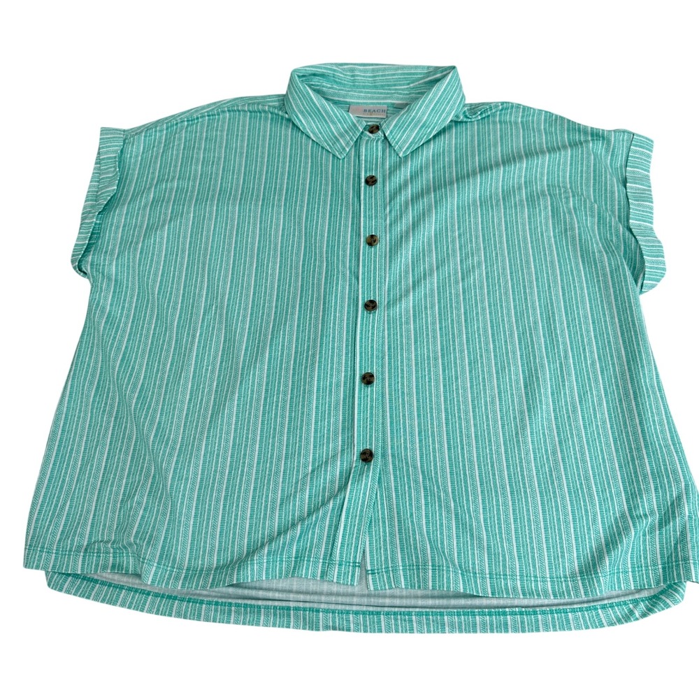 Belle Beach Kim Gravel Aqua Striped Short Sleeve Button Down Shirt XL A691837